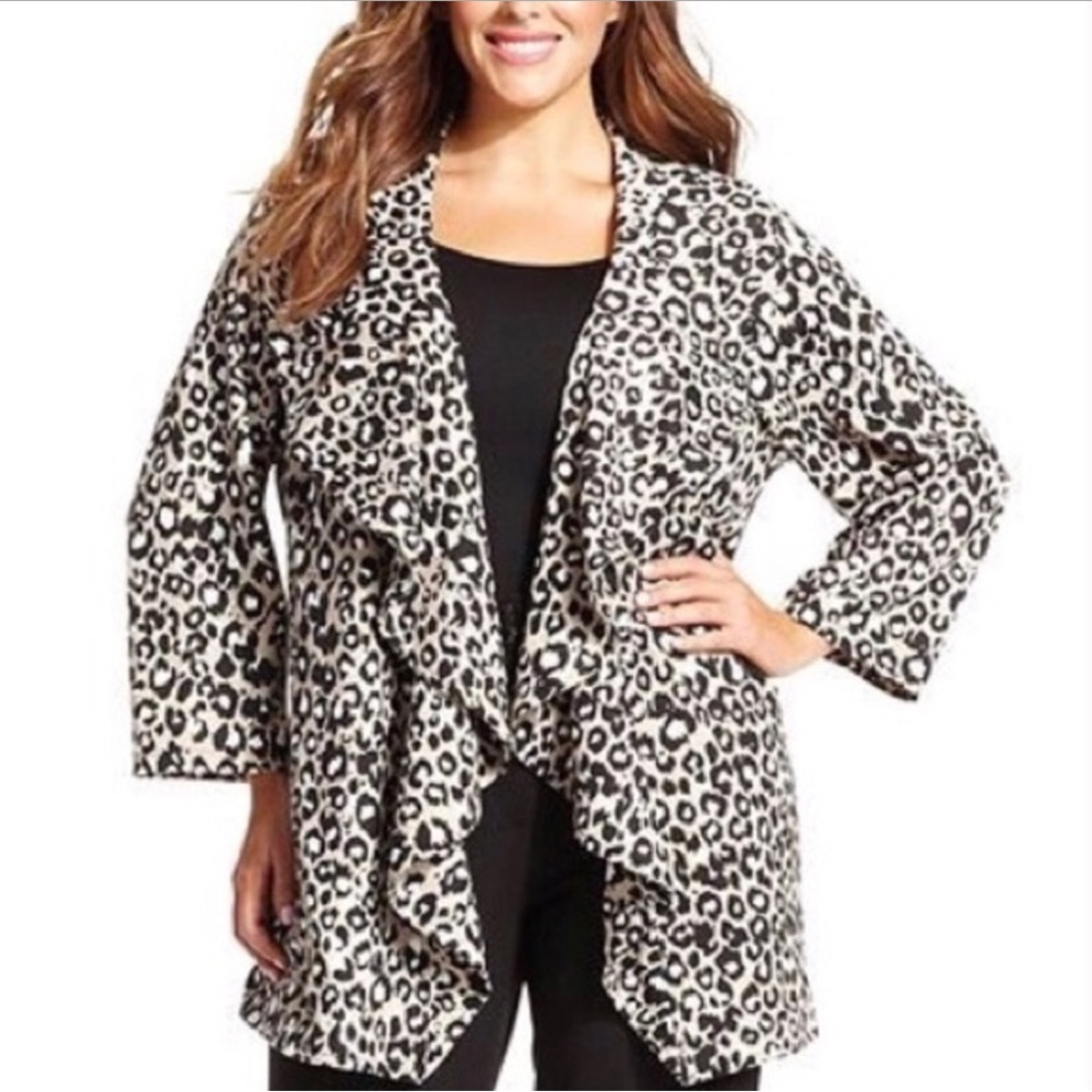 CALVIN KLEIN leopard knit ruffle blazer jacket M 8